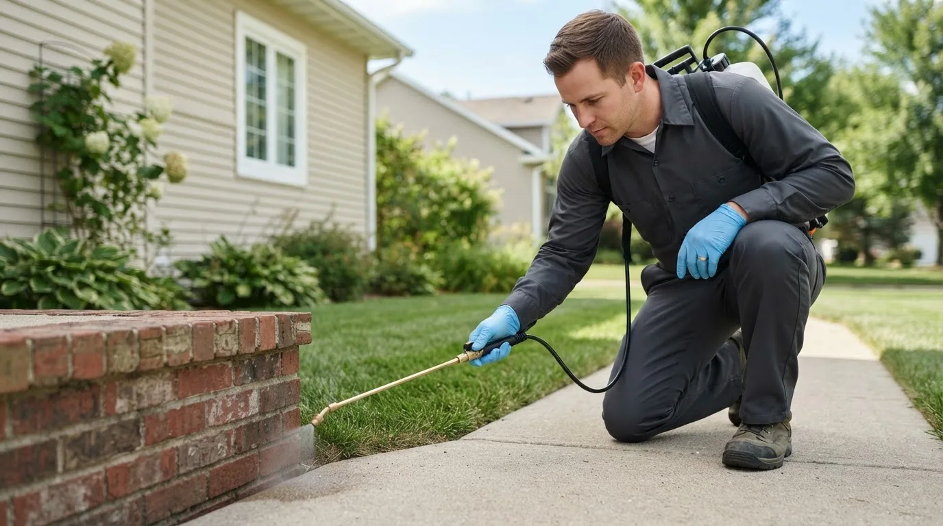 Pest control technician treating a home near Gresham, OR